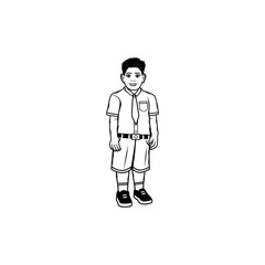 cartoon cheerful boy in elementary school uniform black and white vector line art