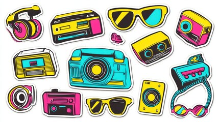 A vibrant pop art sticker set featuring funky vintage objects like rotary phones, cassette tapes, and retro sunglasses, all with bold outlines and bright, contrasting colors on a white background.