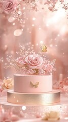 Creative Abstract Marketing Background for Autumn Beauty and Skincare Featuring a Fresh and Elegant Minimalist Display Stand with a Rose-Themed Backdrop. This AI-Generated High-Quality 4K Illustration