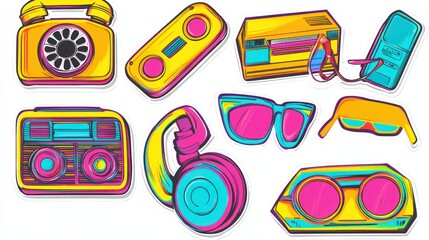 A vibrant pop art sticker set featuring funky vintage objects like rotary phones, cassette tapes,...