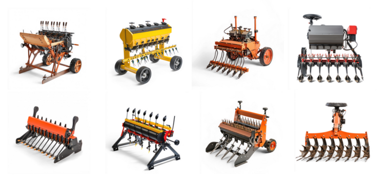 Collection of Seed drill with visible planting mechanisms. isolated on transparent background