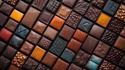 Fototapeta premium Overhead shot of diverse range of artisanal chocolates arranged in a geometric pattern, varying textures and colors, fine details of cacao powder and decorative designs