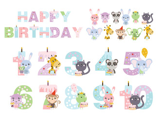 happy birthday children's card with cute characters, wrapping paper texture
