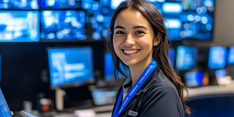 A confident female technician/worker working in a data control center, smiling and looking towards the camera. Business, poster, technician, expert, woman, laboratory, background, wallpaper, center