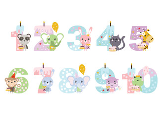 birthday candles, happy birthday, illustration with animals, gifts, cake