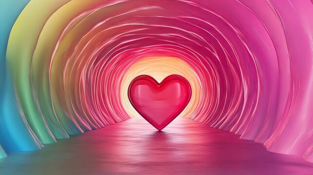 Monochrome horizontal background featuring heart-shaped tunnel with rainbow romantic patterns in soft pink pastel colors