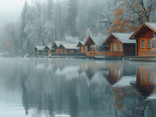 Fototapeta premium Cozy Cabins by the Misty Lake