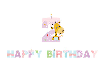 Obraz premium birthday candles, happy birthday, illustration with animals, gifts, cake