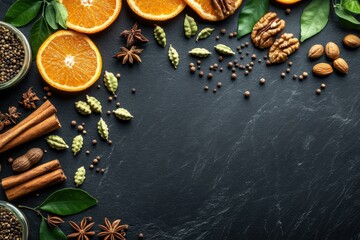 flat lay background with a black marmore texture, creating empty space for product display and showcasing various spices such as cinnamon sticks, cardamom seeds, orange slices, nuts, and green leaves