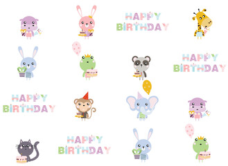 happy birthday children's card with cute characters, wrapping paper texture