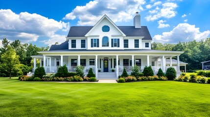 A grand colonial-style house with large white columns, a spacious wraparound porch, and manicured green lawns, creating a classic look
