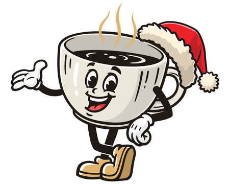 recommend clip art: Coffee Cup wearing a christmas hat, Cartoon Mascot Illustration Character Vector Retro Vintage Clip-art Hand-drawn Logo Design