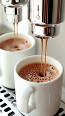 Espresso being poured from an espresso machine into a white cup. Close up details of fresh coffee, espresso. espresso machine.