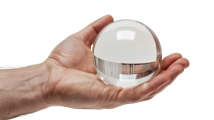 Hand holding crystal ball on white transparent background
