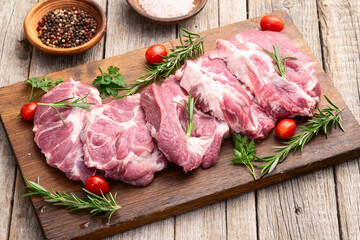 Neck of raw pork meat . Top view