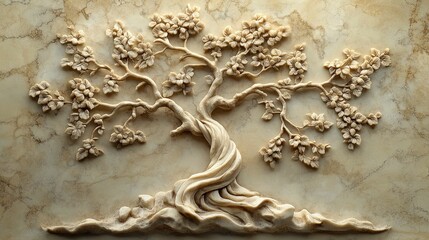 Intricate Carved Tree with Blossoms on Beige Marble Background