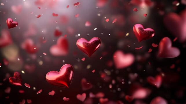 Valentine's day background with falling red and pink hearts on transparent overlay for romantic designs, love themes, and graphic projects - Powered by Adobe