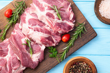 Neck of raw pork meat . Top view