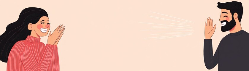 Two smiling individuals waving at each other in a friendly manner.