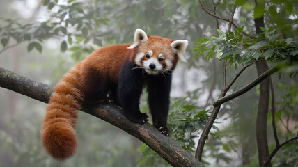 Naklejka premium Playful Red Panda in Misty Forest with Lush Green Foliage – Wildlife Close-Up Photography