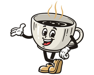 Coffee Cup Cartoon Mascot Illustration Character Vector Retro Vintage Clip-art Hand-drawn Logo Design