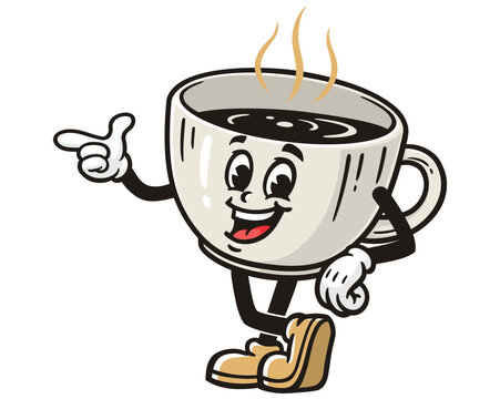 recommend clip art: Coffee Cup with pointing finger pose, Cartoon Mascot Illustration Character Vector Retro Vintage Clip-art Hand-drawn Logo Design