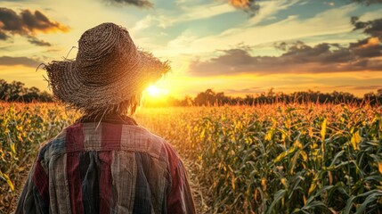Fototapeta premium Classic scarecrow standing in a field of corn at sunset, with a rustic straw hat and tattered clothes.