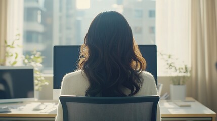 Woman with long dark hair sitting in an office chair facing a computer