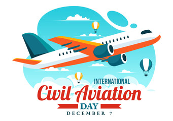 International Civil Aviation Day Vector Illustration on December 7 Featuring Airplane and Sky Blue View in Appreciation of Aviation in Flat Background