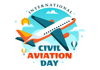 International Civil Aviation Day Vector Illustration on December 7 Featuring Airplane and Sky Blue View in Appreciation of Aviation in Flat Background