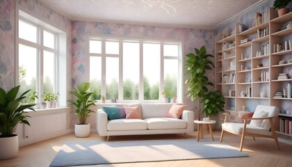 Fototapeta premium Scandinavian living room interior design zoom background,Doodle patterned wallpaper graphics
