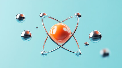 3D render of an atom with protrusions and flowing orange spheres on a light blue background