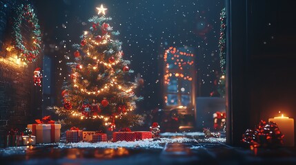 Christmas background with a Christmas tree adorned with toys and garlands.
