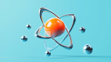 3D render of an atom with protrusions and flowing orange spheres on a light blue background