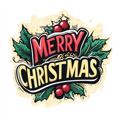 Hand-Drawn Merry Christmas Greeting with Holly and Berries