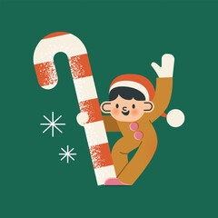 Cute elf is holding a Christmas candy. Santas helper in red hat waving hand on green background. Vintage style of the character. Vector flat illustration.