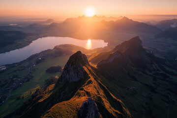 Sunset's Tranquil Embrace over Majestic Mountains, A Scene of Pure Calm