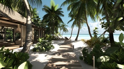 Fototapeta premium A luxury Maldivian villa on a private beach, surrounded by palm trees, with wooden pathways leading to the water and white sands.