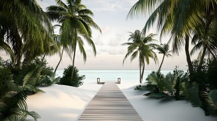 Fototapeta premium A luxury Maldivian villa on a private beach, surrounded by palm trees, with wooden pathways leading to the water and white sands.