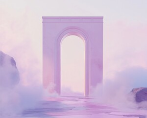Fototapeta premium Open doorway to new beginnings lavender path inspirational artwork serene environment dreamy viewpoint