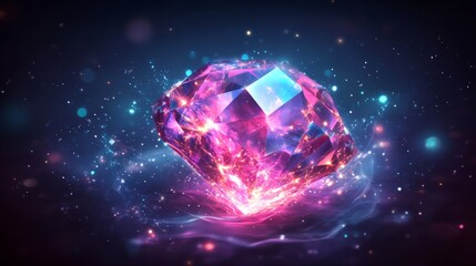 Isometric enchanted gemstone glowing with magical energy and light, surrounded by swirling sparkles