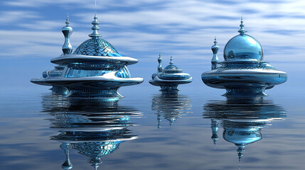 Obraz premium Three futuristic buildings float on a calm body of water, reflecting the blue sky and white clouds.