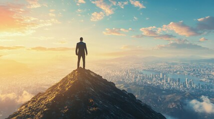 Illustration of Successful businessman standing on top of a mountain peak, city in the distance.