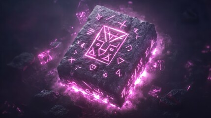Isometric floating rune stone with glowing symbols and magical energy, radiating light
