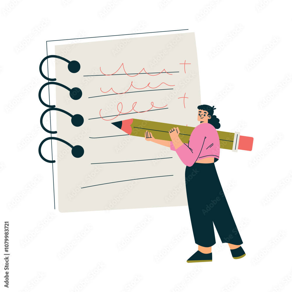 Fototapete productive workflow with woman write in notepad with pencil managing task vector illustration