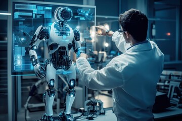 A robotics engineer testing an autonomous robot in a lab filled with futuristic technology. The robot’s sensors and actuators are being carefully monitored, while robotic arms perform precise movement