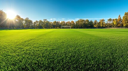 Lush Green Field with a Soccer Goal under a Clear Blue Sky