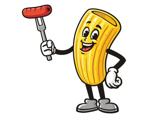 Macaroni with sausage, Cartoon Mascot Illustration Character Vector Clip-art Hand-drawn Logo Design