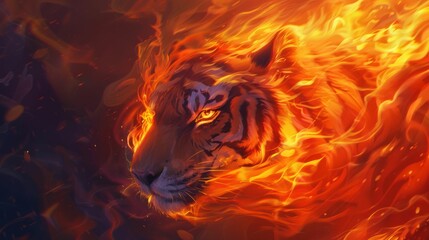A fiery tiger's head emerges from flames, symbolizing power and intensity.