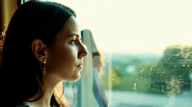 A contemplative woman gazes out the window, lost in thought and surrounded by natural light. The scene captures introspection and peacefulness.